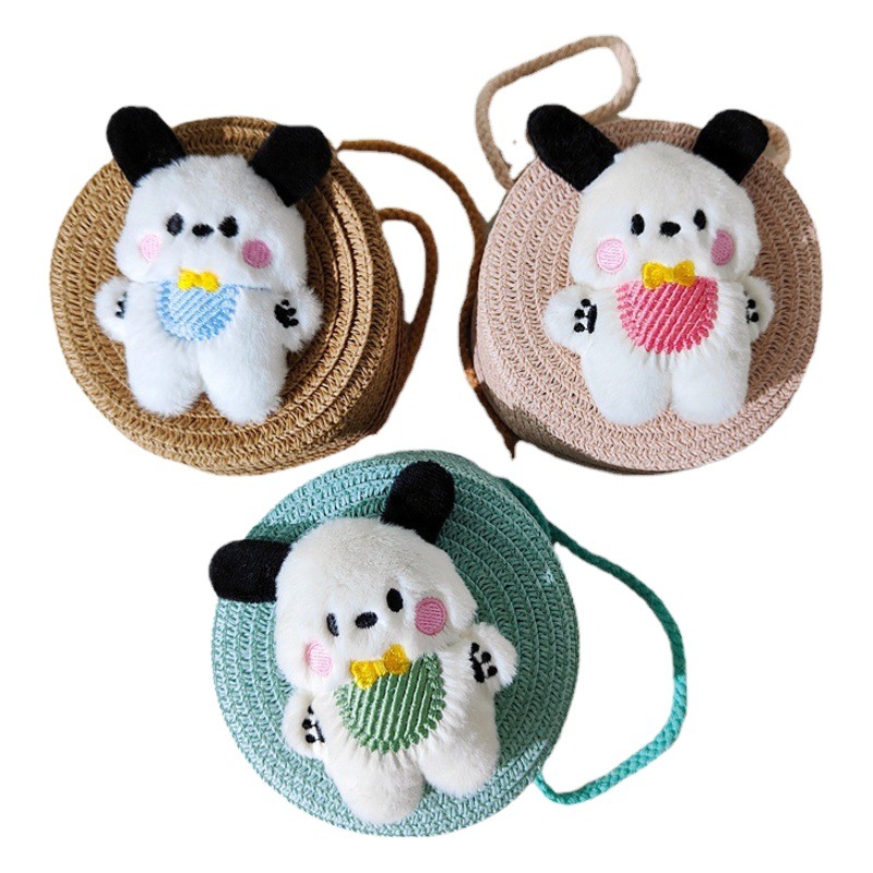 Verano de los niños de paja lindo babero cachorro crossbody pequeño bolso redondo niños y niñas al aire libre ligero dibujos animados tejida BOLSA DE PAJA