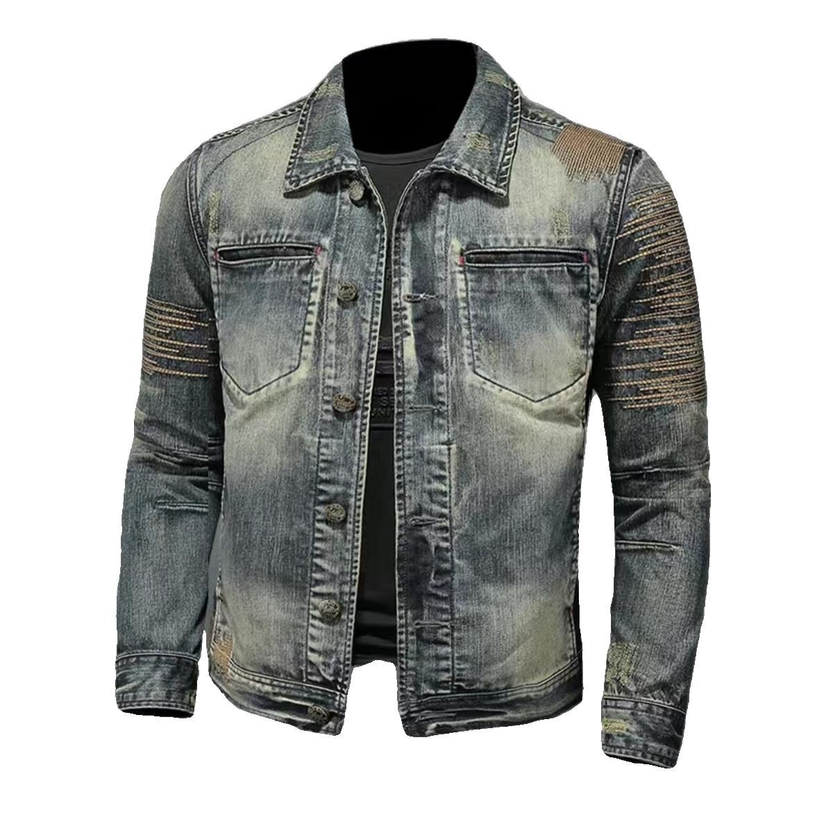 Giacca da uomo slim fit in denim vintage, stile europeo, primavera autunno, di tendenza, casual e con ricami, dal design vintage._voghion.com