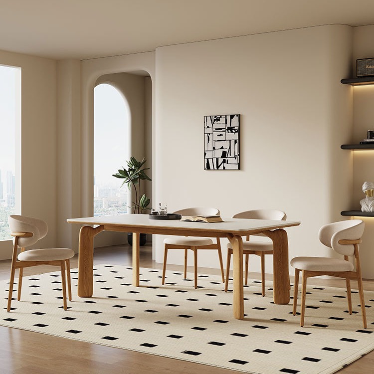 Luz de estilo crema de madera lujo moderno simple hogar pequeño apartamento roca placa mesa de comedor madera maciza rectangular Internet celebridad mesa de comedor y silla
