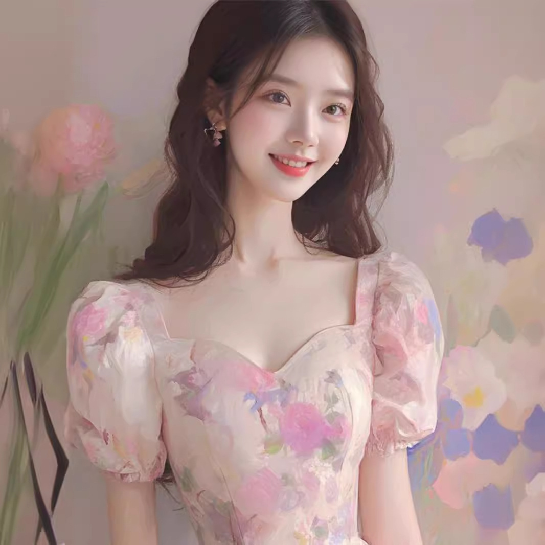 Đầm maxi nữ thắt eo phong cách Hepburn kiểu Pháp họa tiết hoa hồng cổ điển lãng mạn — Màu hồng