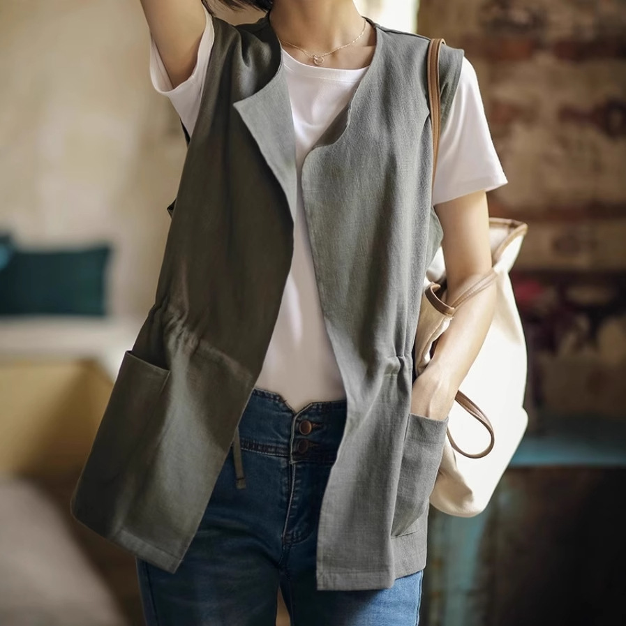 2026 Spring/Summer New Cotton and Linen Loose Versatile Vest Jacket for Women