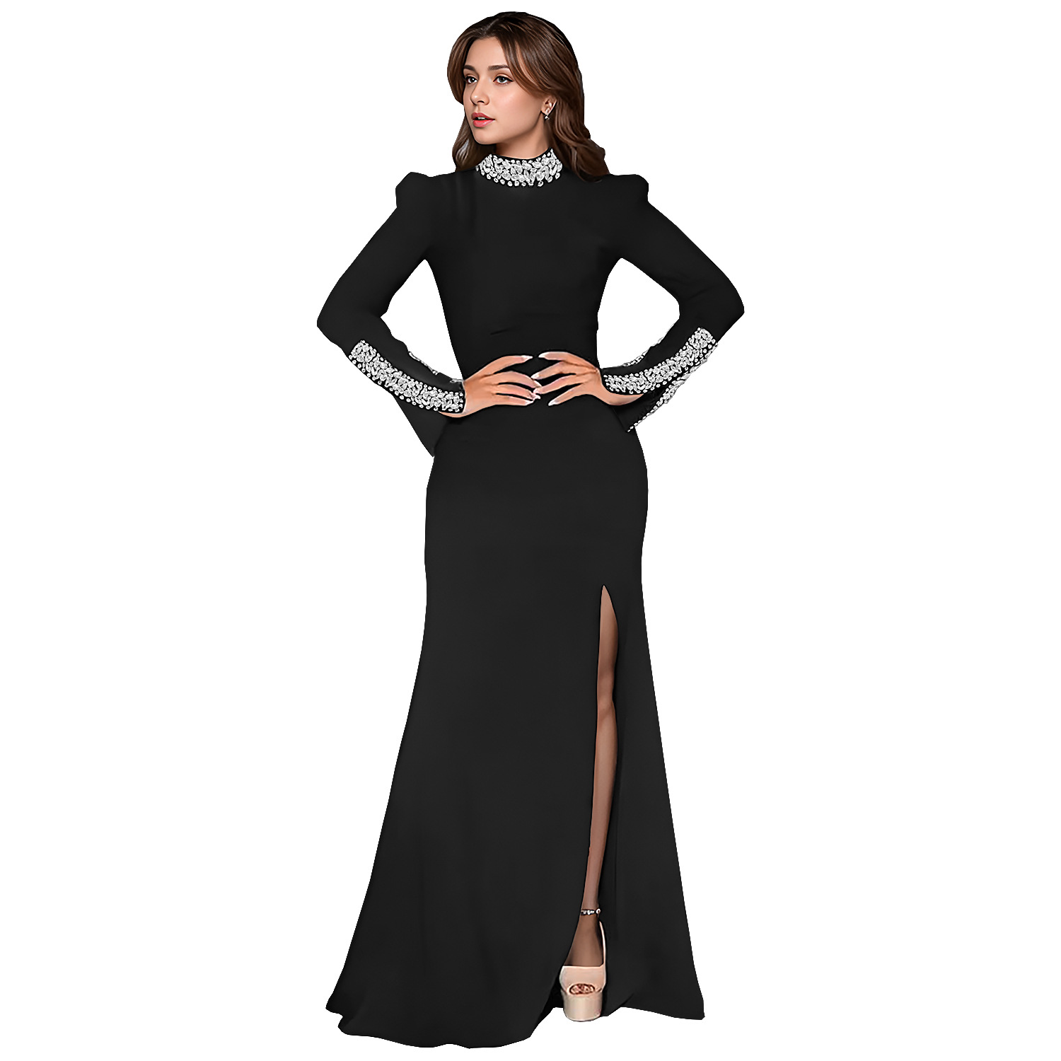 C7271 Cross-border AliExpress Amazon Moda europea y americana Vestido de manga larga de diamantes calientes de color sólido para mujer Nuevo image 7