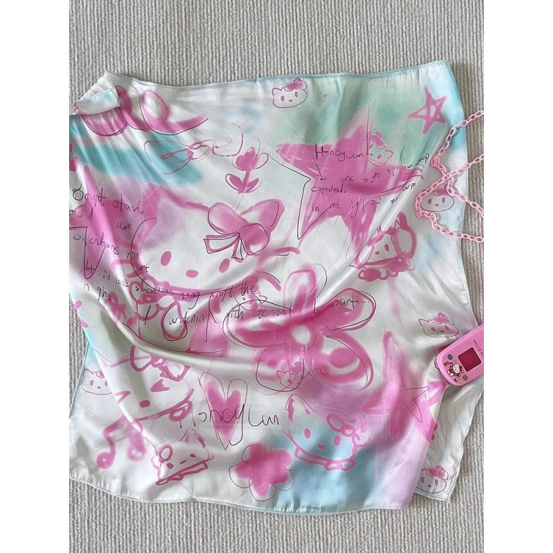 ホットガールキティ猫手描き落書きチューブトップ女性夏 y2k ドーパミンかわいい胸ターバンシルクスカーフストリートファッション|undefined