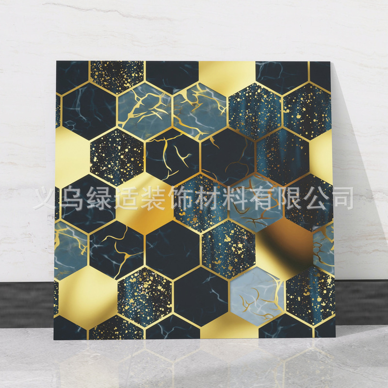 跨境供应黑金几何大理石纹浴室客厅仿瓷砖墙贴自粘轻奢烫金墙壁纸|undefined
