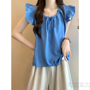 Sleeveless Shirt for Women 2025 Summer New Style French Small Flying Sleeves Slimming Belly-Covering Short Babydoll Top