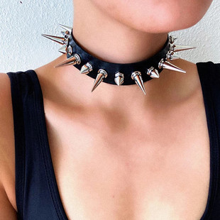 European and American Harajuku Punk Pu Leather Multi-Pointed Nail Collar Necklace Jewelry Fashionable Women's Alternative Neck Chain Clavicle Chain