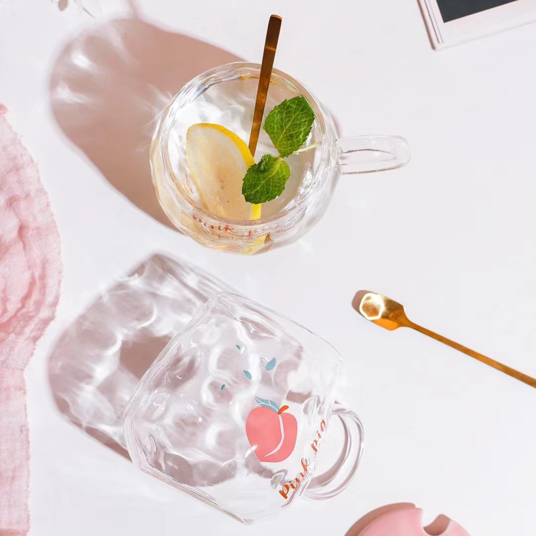 Rosa personalizado transparente cristal dibujos animados melocotón corazón cerdo taza chica corazón regalo taza de beber taza de oficina