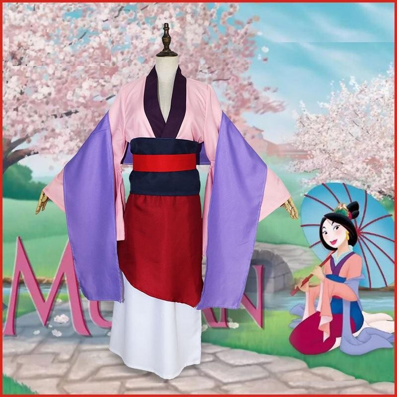 Princess Mulan cosplay Halloween Costume Women's Hanfu Pink Dark Blue Anime Costume