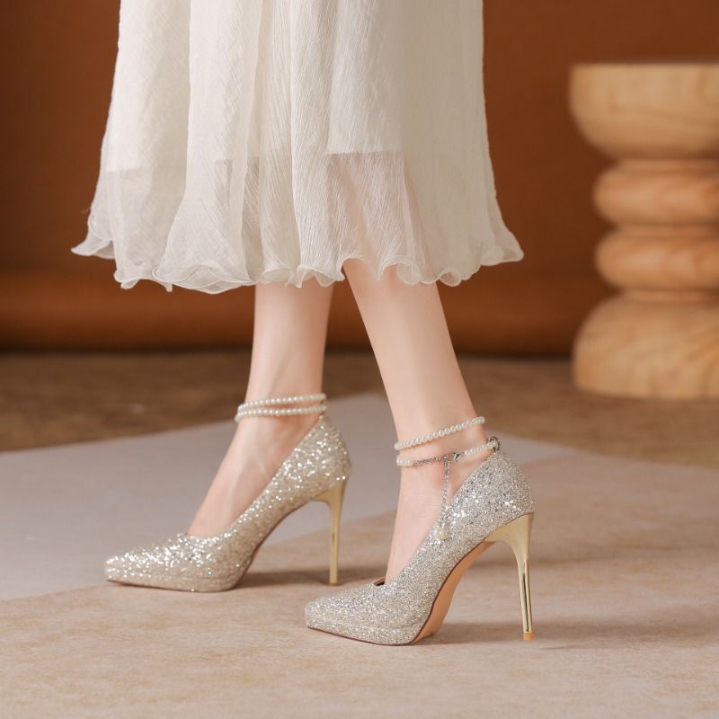 1089-60 Waterproof Platform Adult Ceremony Sequin Pearl Chain Bridal 2025 New Dress Bridesmaid Wedding Shoes_voghion.com