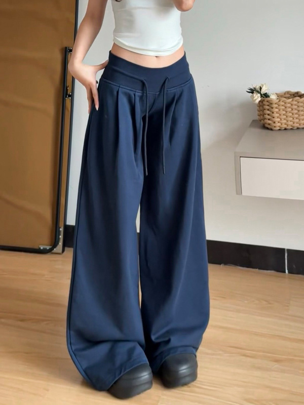 美式藏青色运动裤女秋季2025新款宽松休闲低腰抽绳垂感阔腿拖地裤|undefined