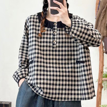 宽松大码复古文艺花边领黑白格衬衫女春秋新款宽松显瘦减龄休闲上