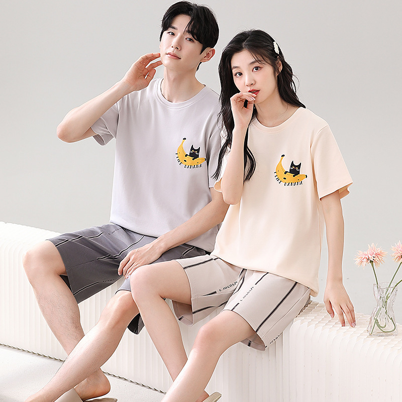 Couple's Summer Pajamas, Pure Cotton, Thin Short-Sleeved Shorts, Sweet and Cute Home Clothes for Women, Men Can Wear Them Outside, All-Cotton Set