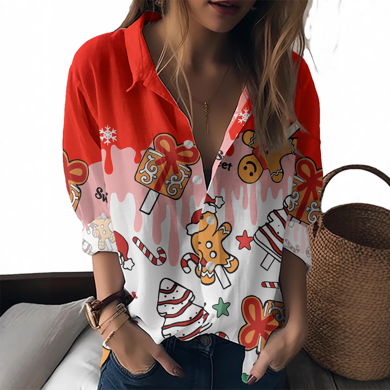 25 European and American Cross-Border Hot-Selling 3D Printed Women's Shirts with Christmas Elements, New Style, Loose, Casual, Versatile, Long-Sleeved