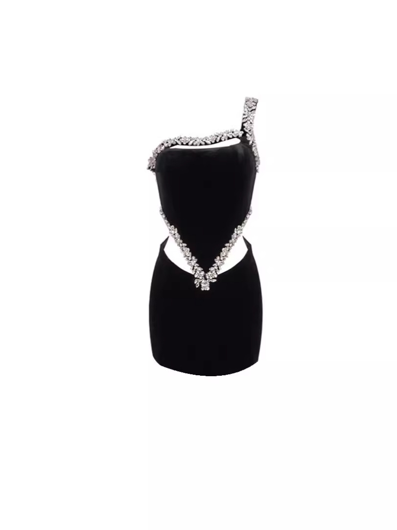Vestido de noche corto negro ligero de lujo con diamantes vestido delgado vestido de fiesta europeo y americano vestido de vendaje