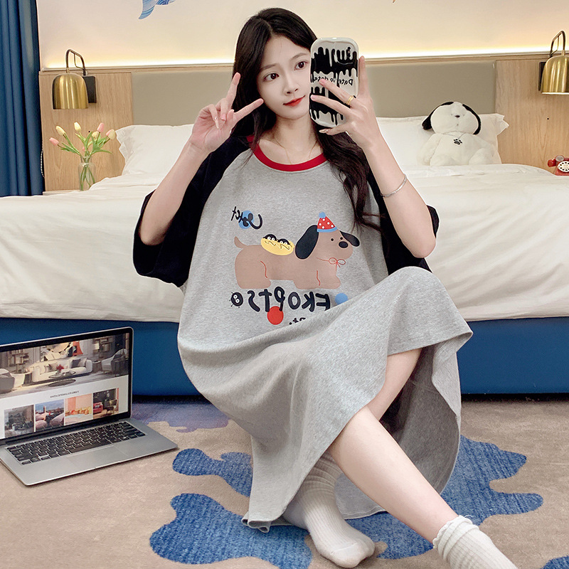 여름 여자의 새로운 반팔 긴 잠옷 만화 면 느슨한 여자의 원피스 캐주얼 가정 옷 잠옷