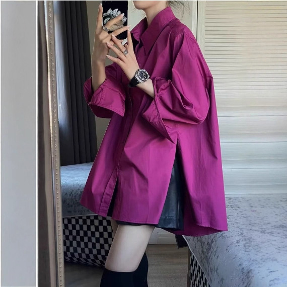 High-grade Light Luxury Rose Red Shirt Design Sense Top Spring and Autumn Unique Chic Loose Casual Sunscreen Coat Trendy High-grade Light Luxury Rose Red Shirt Design Sense Top Spring and Autumn Unique Chic Loose Casual Sunscreen Coat Trendy