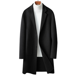 Men's Outwear 2023 Spring & Fall Handmade Double-Sided Woolen Windbreaker for Young and Middle-Aged People Pure Color Casual Mid-Length Woolen Outwear