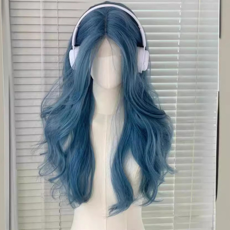 Deep Sea Blue Wig for Women, Long Curly Hair, Cosplay Bangs, Large Waves, Natural Full Head Wig, Blue Realistic, Makes Skin Look Fairer