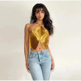 New Cross-Border Export European and American Style Sexy Off-Shoulder Camisole Asymmetrical Tassel Halter Top
