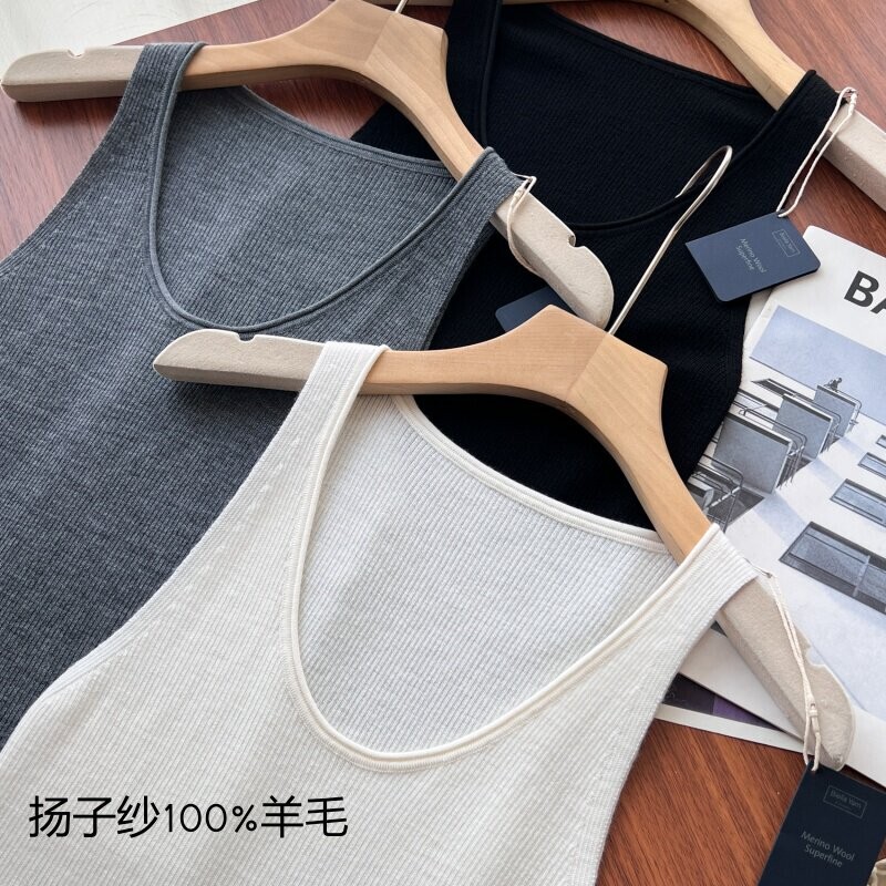 Yangzi Yarn Fine-Spun 100% Fine Wool Low U-Neck Knitted Vest for Women, Slim Fit, Sleeveless Base Shirt for Women, Summer Wear