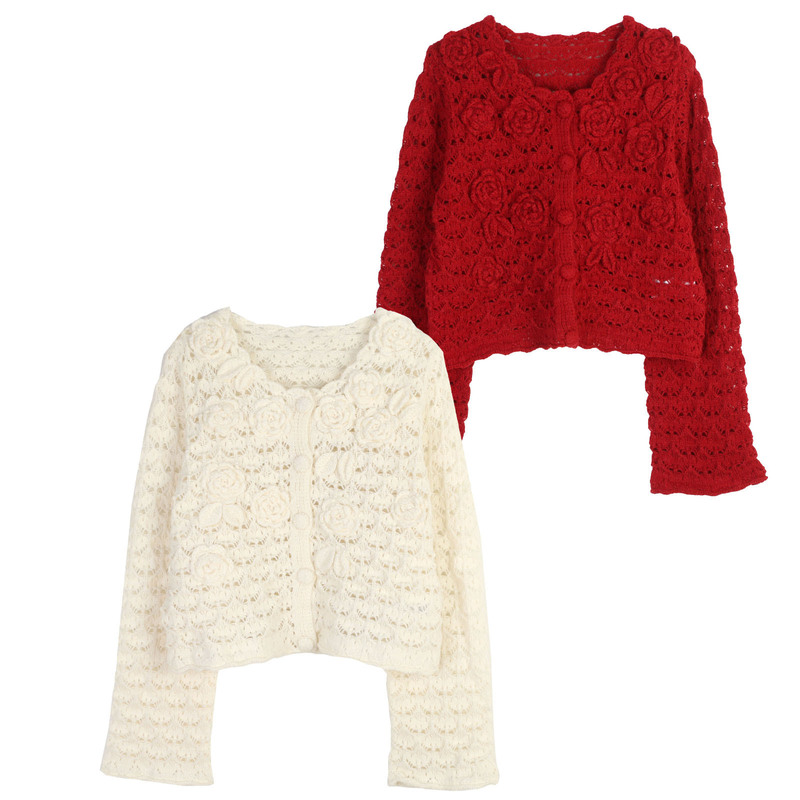 Spring and Autumn New French-Style Elegant Round-Neck Hollow-Out Knit Top for Women, Three-Dimensional Rose Hand-Crocheted Soft Sweater for Women
