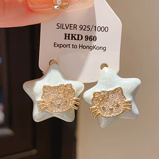 18k真金电镀银针锆石滴油星星小猫耳钉卡通创意轻奢高级感耳环女