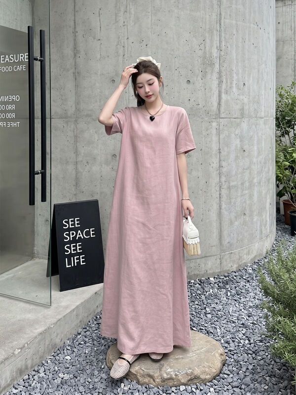 Extended Length Simple Solid Color Short-Sleeved Shirt Dress, New Summer Style, Loose Fit, Flattering and Slimming, Over-The-Knee Dress Extended Length Simple Solid Color Short-Sleeved Shirt Dress, New Summer Style, Loose Fit, Flattering and Slimming, Over-The-Knee Dress