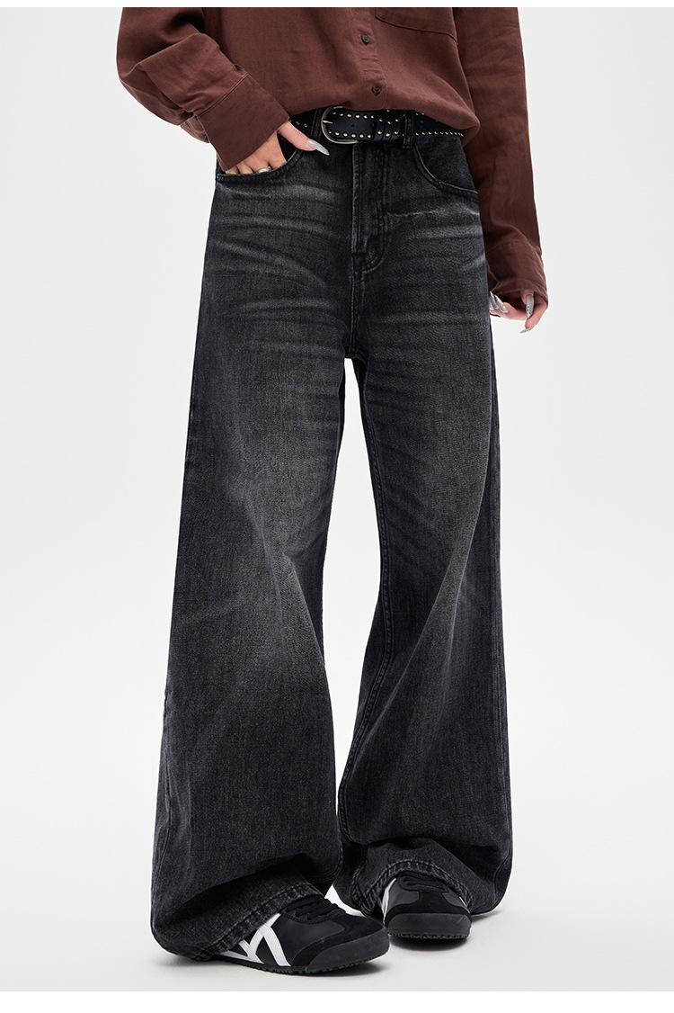 Men's Clothing Whiskered Denim Jeans American Style Straight Leg Retro Loose Fit Wide Leg Washed Black Trousers For Men And Women_mkmklike.com