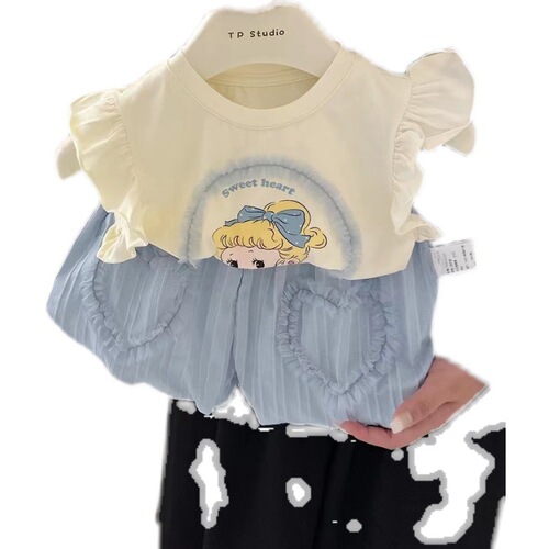 Girls' Suits  New Summer Clothes Children's Cartoon Short-Sleeved Fashion Tops Baby Girls' Flower Pants Two-piece Set Trendy