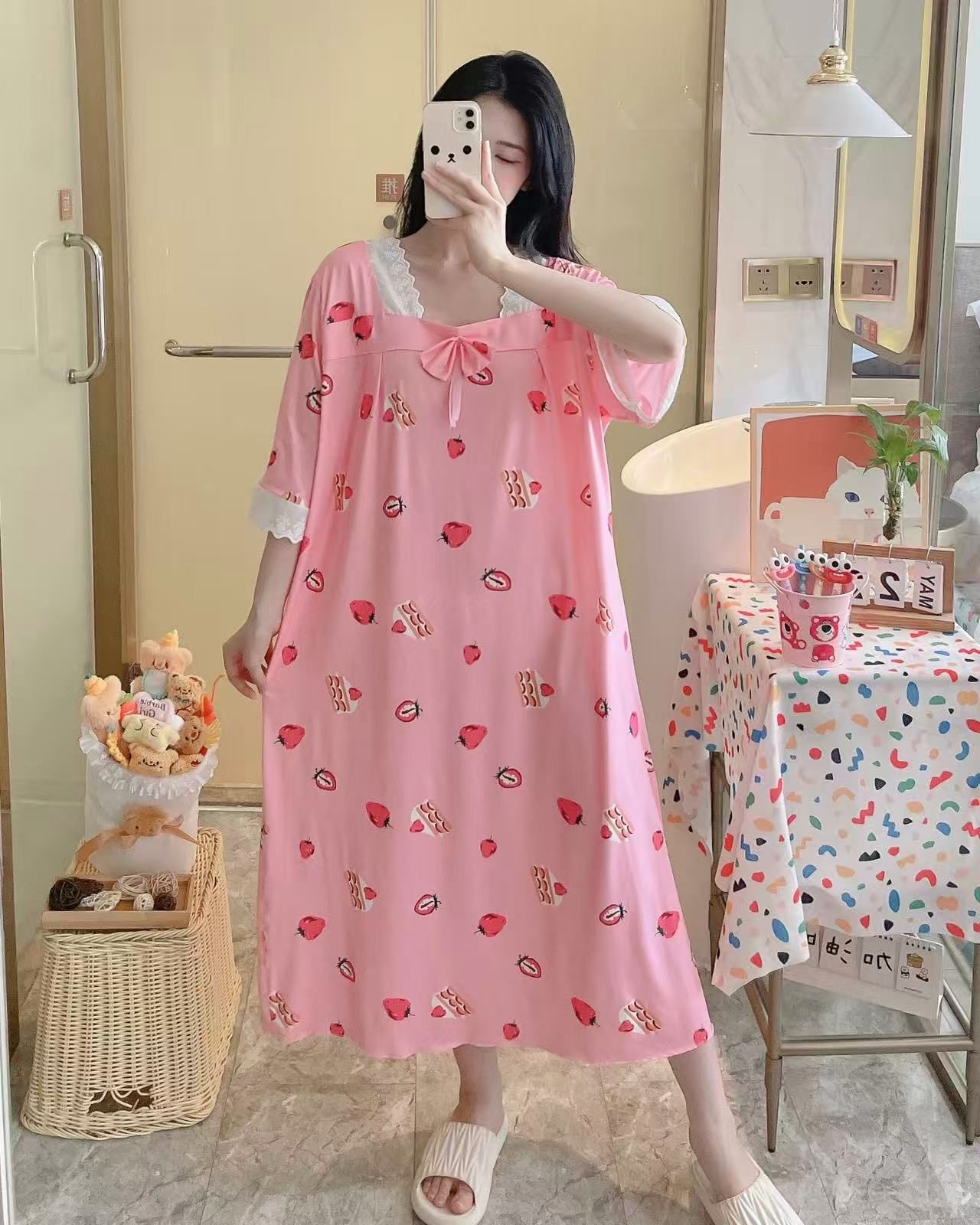 Transfronterizo al por mayor imitación de algodón dulce dibujos animados mangas cortas pijamas de primavera y otoño mujeres verano ropa larga y delgada suelta para el hogar
