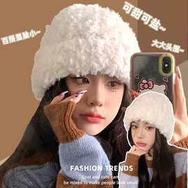 冬季女纯色针织毛绒帽显脸小毛线帽韩版大头围百搭护耳帽加厚保暖