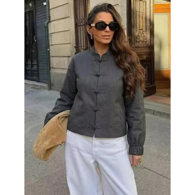 Inventario de nuevo cuello de hebilla chino delgado chaqueta de manga larga mujer 2026 ropa de mujer europea y americana comercio exterior al por mayor