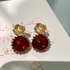 气质中古vintage宫廷风小众琉璃金色玫瑰花耳钉哑金色花朵耳环女