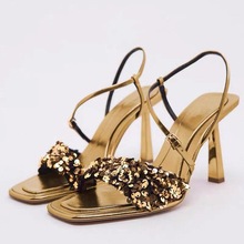 西班牙2023春季新款女鞋金色片珠一字帶高跟鞋時尚方頭露趾涼鞋女
