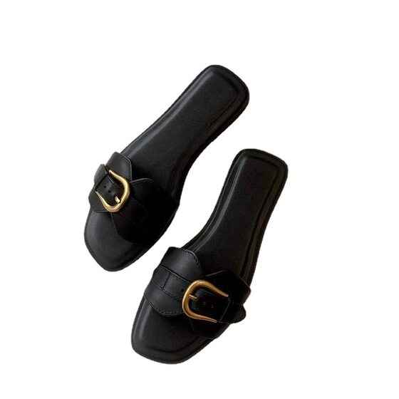 2024 New Metal Belt Buckle Flip-flops Women's Summer Outerwear Flat Bottom Fashion Sandals Square Toe Soft Sole Women's Slippers