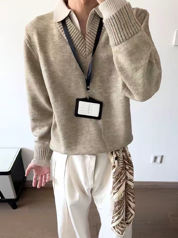 Suéter de punto de hombre falso camisa de dos piezas de cuello V coreano casual camisa de base de negocios ligera abrigo de viento perezoso transfronterizo