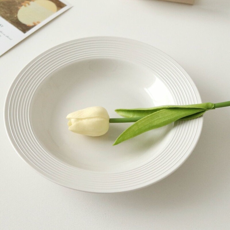 Italian Pasta Plate, Western-Style Minimalist Ribbed Straw Hat Plate, Soup Plate, Deep Plate, Pure White Ceramic Household Dish Plate