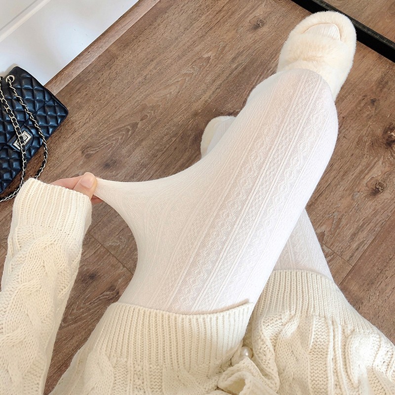 Autumn and Winter thick white leggings women's fleece-lined creamy-white twist vertical stripes pantyhose Japanese jk milk white pantyhose