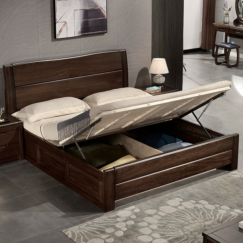 PK7J Black Walnut Wood Bed, Solid Wood Bed PK Elm Bed, 1.5/1.8 Meter Double Bed, Chinese Style Original Wood Wedding Bed