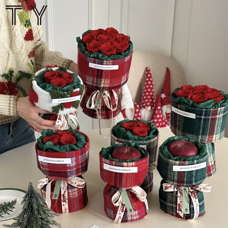 圣诞英伦格子布小香风苹果花束包装材料鲜花包花布花艺DIY礼物