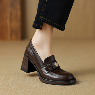 British Style High-Heeled Deep-Mouth Loafers Camellia Women's Shoes 2025 Spring & Fall Round-Toe Slip-On Comfortable Thick-Heeled Shoes