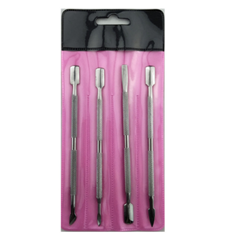 Acero inoxidable manicure acero empuje 4 piezas conjunto tenedor de piel muerta doble cabeza pequeño acero empuje esmalte de uñas cuchillo de eliminación de uñas empuje de piel muerta spot