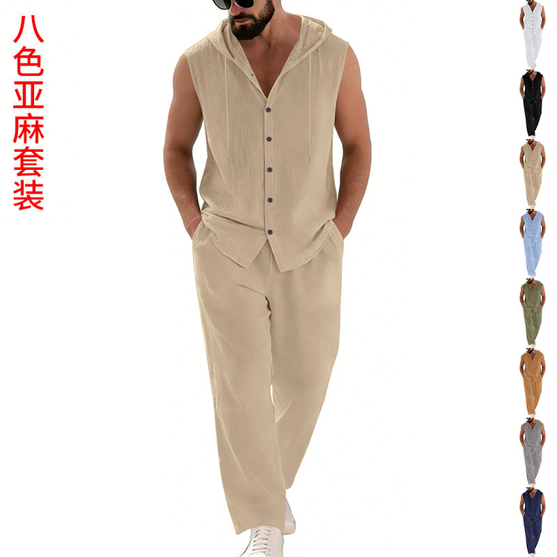Amazon Independent Site Summer Men's Loose Linen Casual Vacation Hooded Sleeveless Shirt Straight-Leg Pants Set