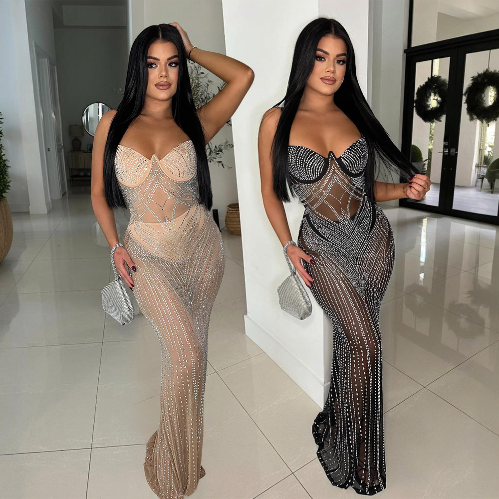 CY901643 European and American Amazon Sexy Fashion Sleeveless Rhinestone Strap Backless Slim Fishtail Dress dress
