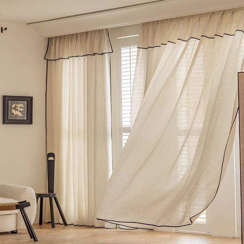 French-Style Vintage Black-Edged Linen Sheer Curtains for Bedroom Windows, Sun Protection for Living Room, Guesthouse, Log Balcony, Bay Window Sunshade
