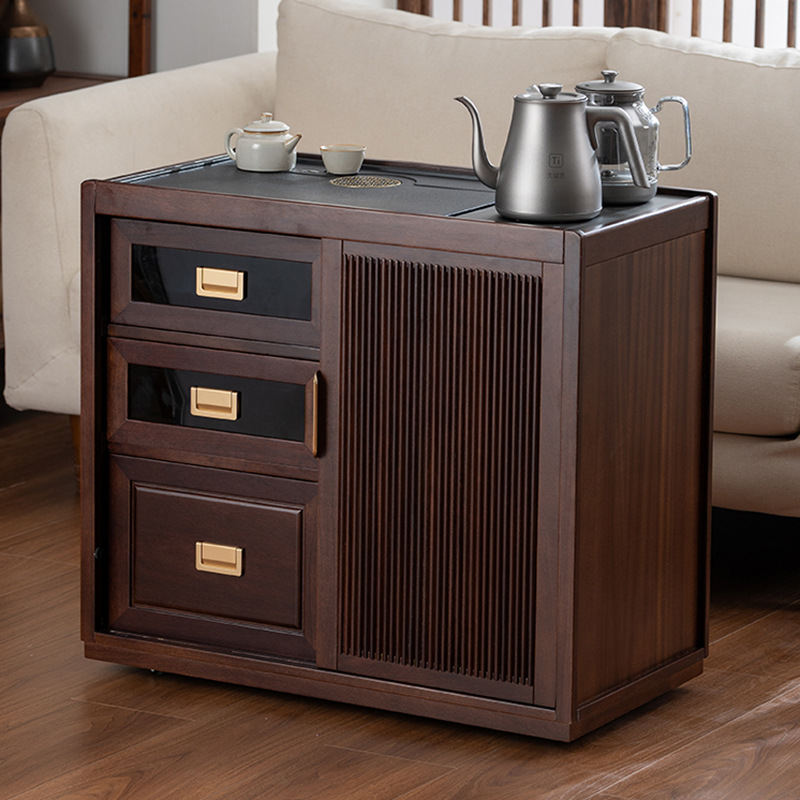 Black Walnut Mobile Tea Cabinet Tea Table Side Cabinet with Integrated Kettle and Water Bucket Tea Bar Cabinet