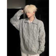 浅灰色老钱风polo衫男款长袖秋季高级感痞帅oversize宽松针织毛衣