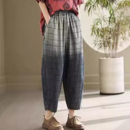 水洗磨白渐变色格子牛仔裤女2024夏季新款宽松百搭显瘦九分哈伦裤