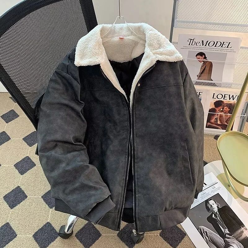 复古羊羔绒夹克棉服男女冬季加厚保暖翻领棉衣美式工装棉服黑灰