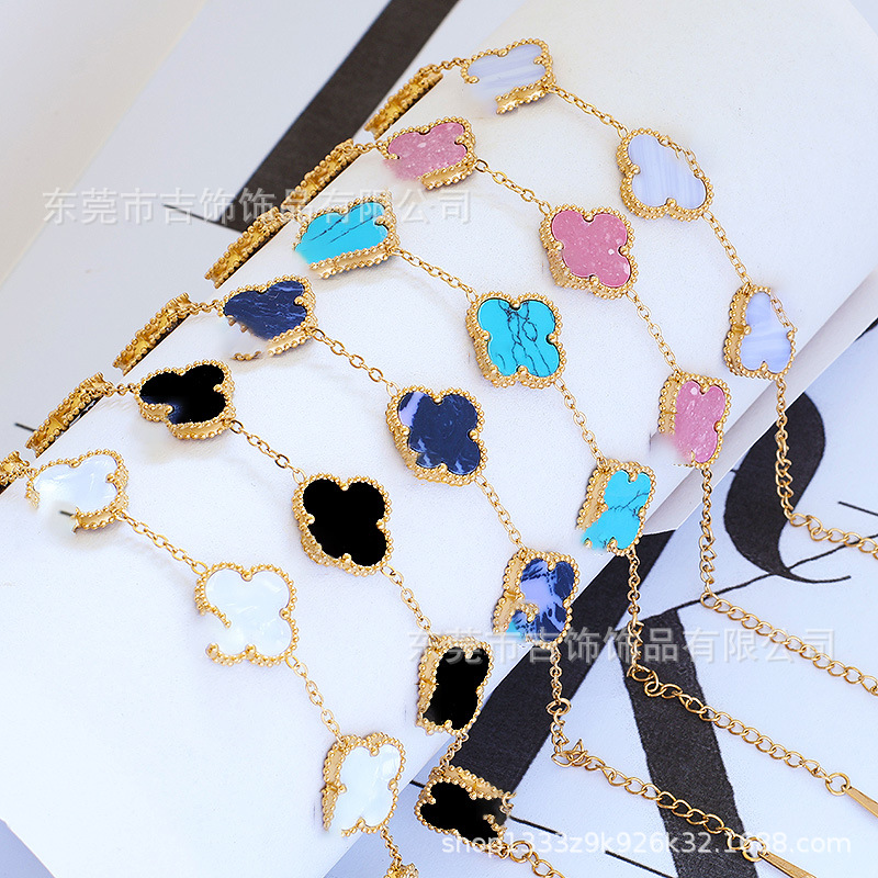 High Version V Gold Four-Leaf Clover Five-Flower Bracelet Women's Real Gold Electroplating 18K Natural Purple Chalcedony Clavicle Chain Factory Direct Sale